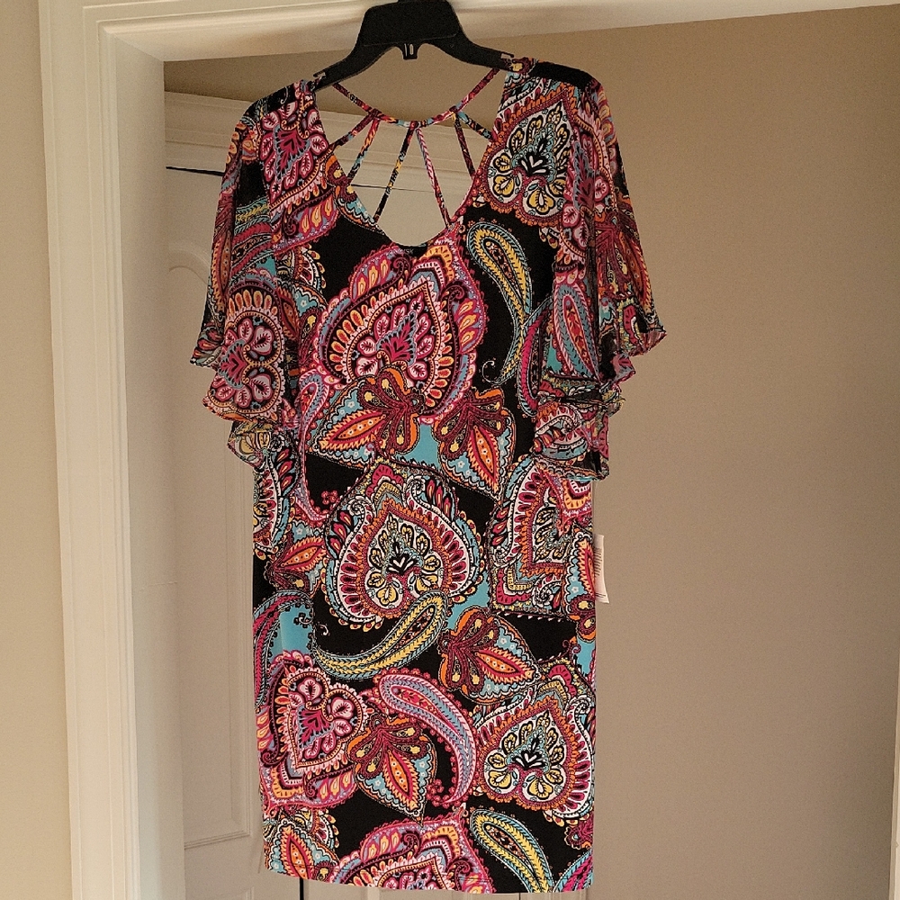 MSK Multicolor Vneck Paisley Feminine Dress Flutter Sleeves